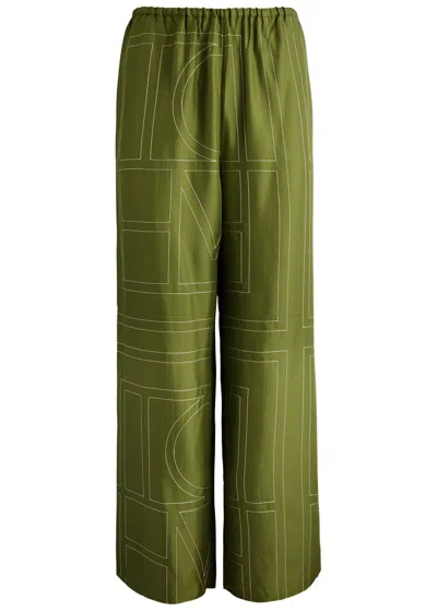 Totême Logo-embroidered Silk-satin Trousers In Green