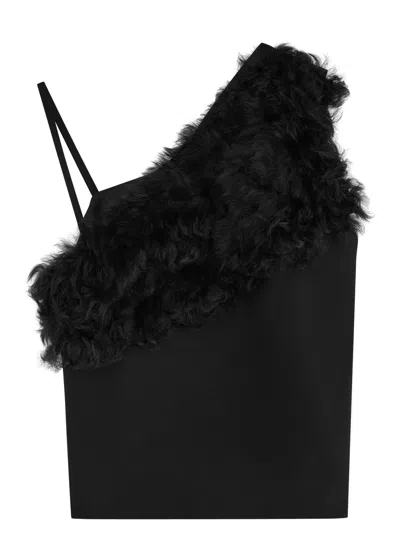 Totême Toteme One-shoulder Shearling And Woven Top In Black