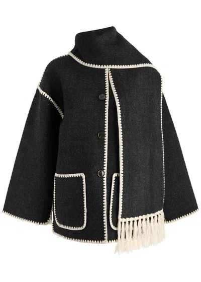 Totême Womens Dark Grey Melange Scarf-overlay Contrast-trim Relaxed-fit Wool-blend Jacket