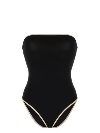Totême Stripe Edge Strapless One-piece Swimsuit In Black