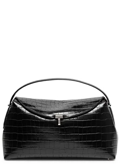 Totême Toteme T-lock Crocodile-effect Leather Top Handle Bag In Black