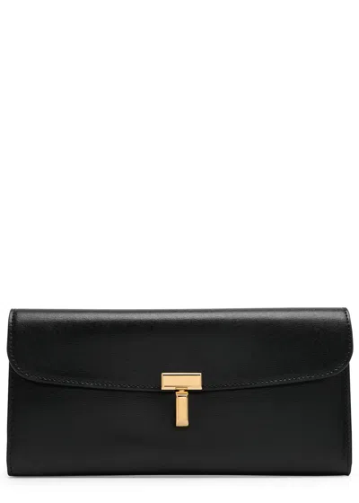 Totême T-lock Wallet In Shiny Black Leather With Snap Closure
