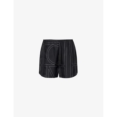 Totême Toteme Womens Black Monogram Wide-leg High-rise Silk-twill Shorts