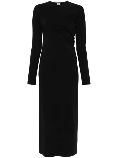 Totême Twisted Long Sleeve Wool Blend Flannel Midi Dress In Navy