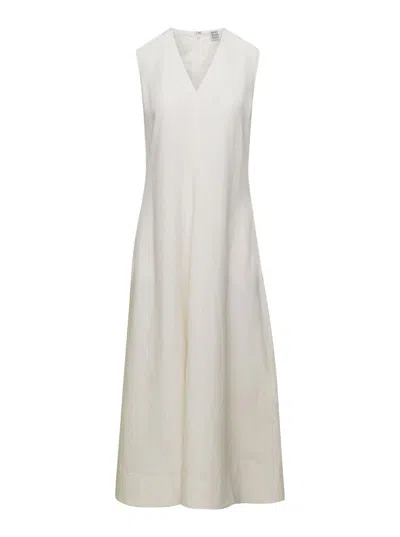 TOTÊME WHITE V-NECK FLARED DRESS IN LINEN BLEND WOMAN