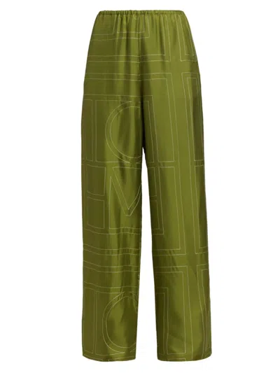 Totême Women's Monogrammed Silk Straight-leg Pants In Green