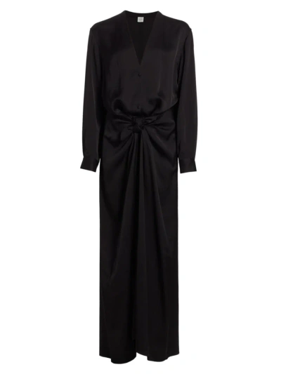 Totême V-neck Long-sleeve Satin Knotted Maxi Dress In Black