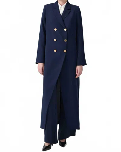 Touche Prive Long Crepe Trench Coat In Navy Blue