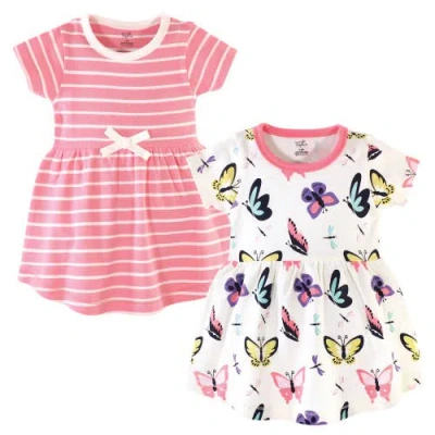 Touched By Nature Babies'  Comfortable Organic Cotton Dresses With Short & Long Sleeve Variations In Multi