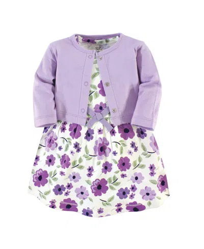 Touched By Nature Babies' Toddler Girls Organic Cotton Dress And Cardigan 2pc Set, Purple Garden In Open Miscellaneous
