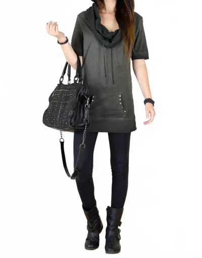Tough Luv Cotton Short Sleeve Cowl Neck Tunic Top In Charcoal Acid Wash In Black