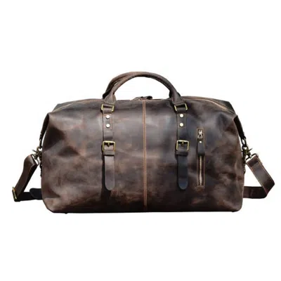 Touri Men's Zip Detail Genuine Leather Holdall Weekender - Dark Brown