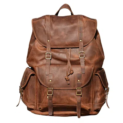 Touri Orange / Brown Military Style Leather Backpack - Brown In Multi