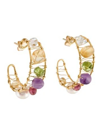Pre-owned Tous 18k Pearl & Multistone Garabato Wire Wrap Hoop Earrings