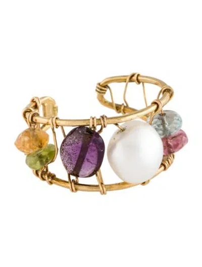 Pre-owned Tous 18k Pearl & Multistone Garabato Wire Wrap Ring