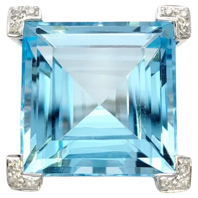 Pre-owned Tous 34.62 Carat Square Blue Topaz Cocktail Ring With Diamonds In 18 Karat Gold