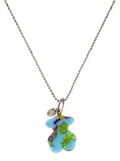 Pre-owned Tous Murano Glass Bear Carnaval Pendant Necklace, 16" In Blue