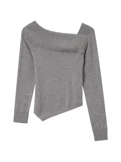 Tout A Coup Asymmetric-hem Ribbed-trim Sweater In Gray