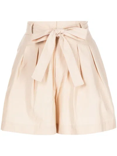 Tout A Coup Belted Pleated Cotton Shorts In Neutrals