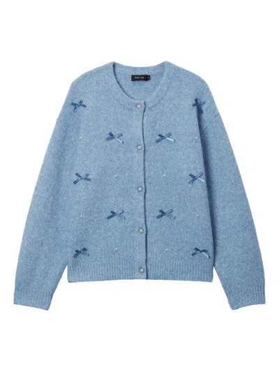 Tout A Coup Bow-embellished Knitted Cardigan In Blue
