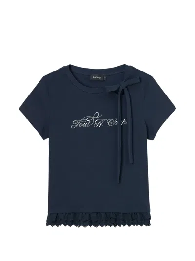 Tout A Coup Bow-detail Lace-trim T-shirt In Blue