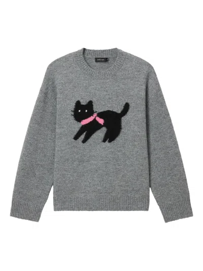 Tout A Coup Cat-embellishment Crew-neck Sweater In Gray