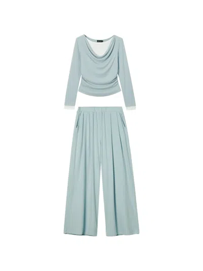 Tout A Coup Cowl-neck Wide-leg Set In Blue