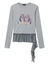 Tout A Coup Dog-print Ruffle-hem T-shirt In Gray