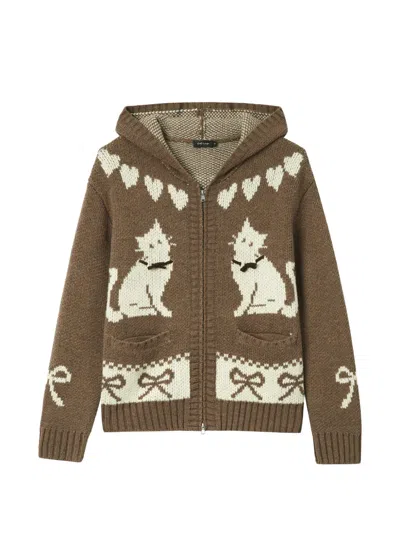Tout A Coup Intarsia-knit Cat-motif Cardigan In Brown
