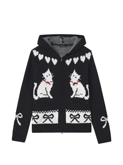 Tout A Coup Intarsia-knit Cat-motif Hoodie In Black