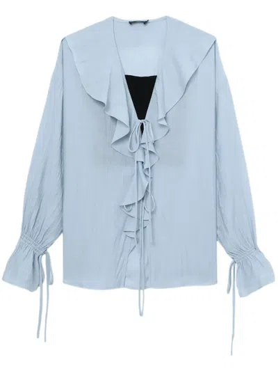 Tout A Coup Lace-up Ruffled Blouse In Blue