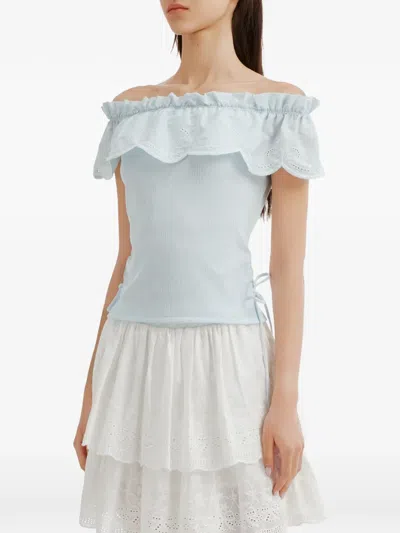 Tout A Coup Off-shoulder Broderie-anglaise Top In Blue