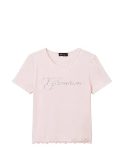 Tout A Coup Rhinestone-embellished Lace-trim T-shirt In Pink