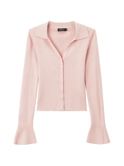 Tout A Coup Ribbed-knit Flared-sleeve Cardigan In Pink