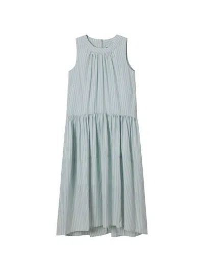 Tout A Coup Striped Gathered Midi Dress In Blue