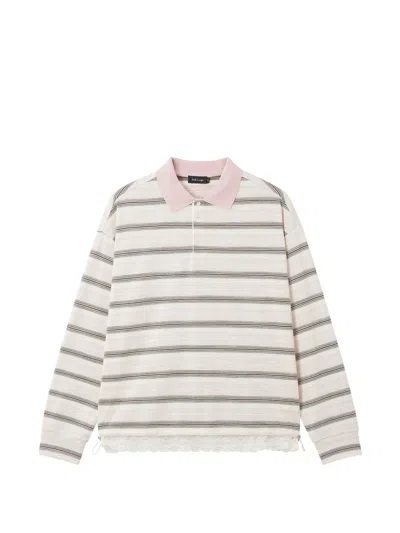 Tout A Coup Striped Lace-trim Polo Top In Neutral