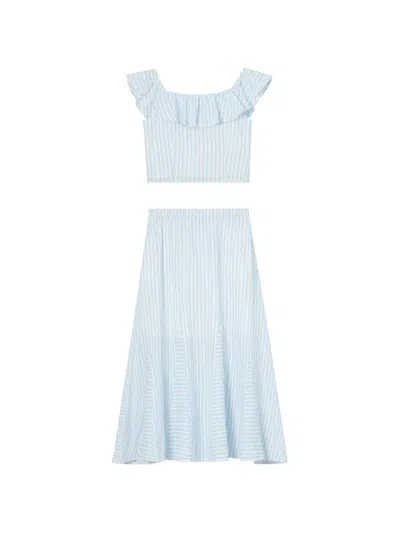 Tout A Coup Striped Ruffled Jumpsuit In Blue