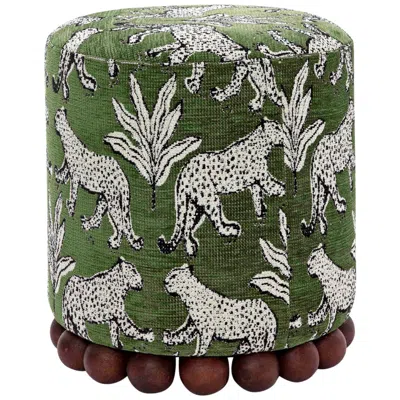 Tov Furniture Dex Olive Green Leopard Jacquard Fabric Round Ottoman