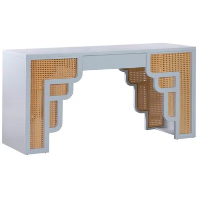 Tov Furniture Tov Suzie 62" Wide Pastel Blue Wood Woven Rattan Rectangular Desk