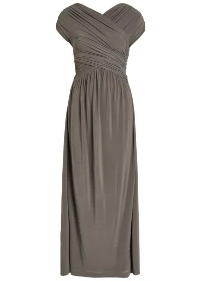 Tove Freja Cross-over Ruched Stretch-jersey Midi Dress In Brown