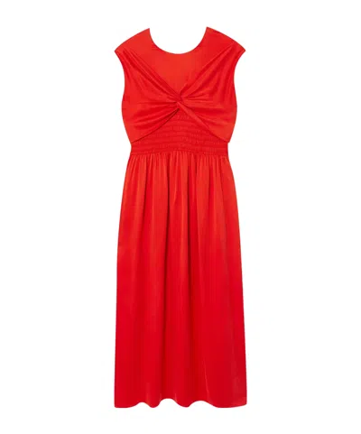 Tove Mahaney Gathered Smocked Silk Midi Dress In Red