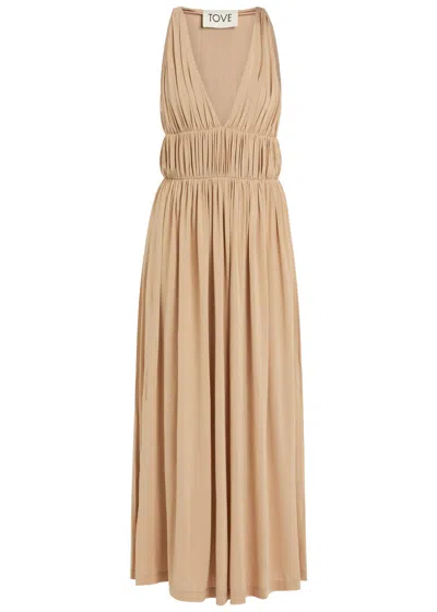 Tove Ouida Ruched Stretch-jersey Midi Dress In Brown