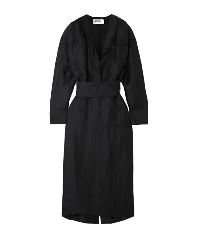Tove Rhys Belted Linen And Silk-blend Midi Dress In Black