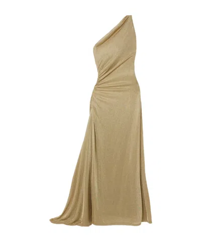 Tove Vivien One-shoulder Ruched Metallic Knitted Maxi Dress In Brown