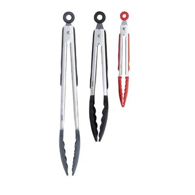 Tovolo Stainless Steel Silicone Grip Tongs - Set Of 3 In Stainless Steel;red,black,charcoal