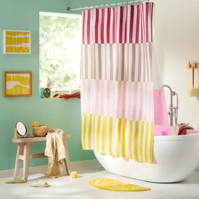 Town & Country Living Town & Country Play Adeline Offset Stripe Fabric Shower Curtain 70"x72" In Pink,beige,yellow