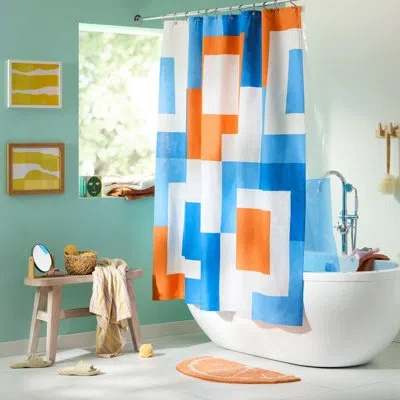 Town & Country Living Town & Country Play Lucy Mid Century Squares Fabric Shower Curtain 70"x72" In White,orange,blue