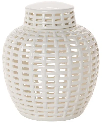 Tozai Home 8in Classic Covered Canton Jar With Hand Cut Openings In White