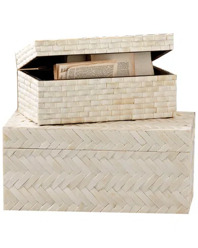 Tozai Home Basket Weave Set Of 2 Bone Boxes In Neutral