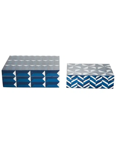 Tozai Home Set Of 2 Covered Boxes With Inlaid Geometric Design In Blue